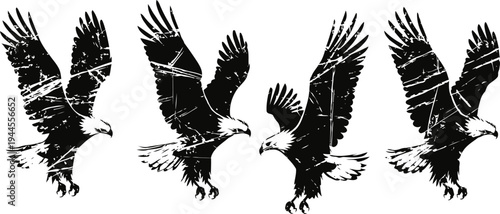 silhouettes of bald eagles flying in various dynamic poses with spread wings in black and white