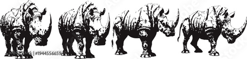 rhino silhouette walking sequence black ink wildlife animal movement illustration