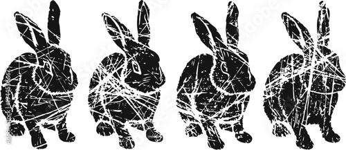 grunge black rabbits silhouettes set, distressed texture animal shapes, vintage wildlife design elements