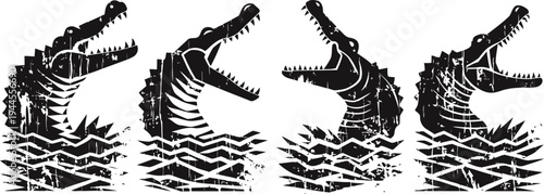 silhouette of alligator head with open jaws rising from water waves in black and white