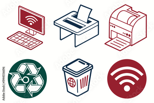 Office including computer, printer, recycling symbol, and trash can on white background
