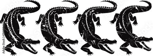 four black crocodile silhouettes in a row reptile icons with textured skin, stylized animal shapes