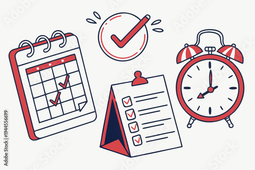 Time management including calendar, checklist, and alarm clock on white background time management calendar