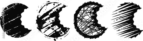 abstract black crescent shapes in textured grunge on white background, artistic moon phases design