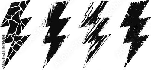 black lightning bolt icons collection set of various grunge electric energy symbols in different distressed styles