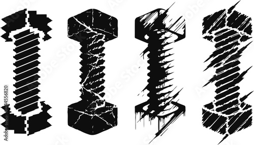 Four stylized black screws and bolts with grunge ink scratch texture isolated on white background