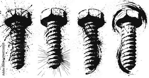 grunge bolts set with splatter effects industrial metal hardware illustration mechanical fasteners collection