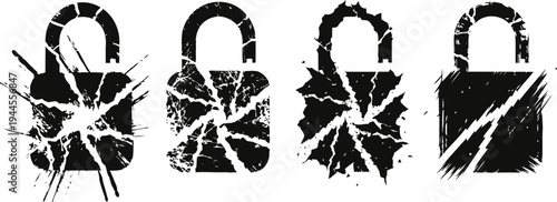 set of black padlocks with shattered glass effect isolated on white background security protection concept