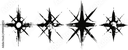 set of distressed starburst shapes with rough ink splatter texture, grunge design elements for creative projects