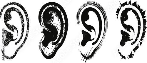 abstract stylized human ears in black and white with decorative grunge and artistic brush stroke effects