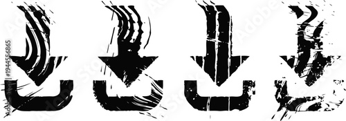 Four black grunge download arrows with splatter ink isolated on white background