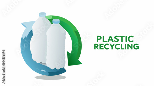 Plastic recycling symbol with two bottles in a circular economy concept on white background