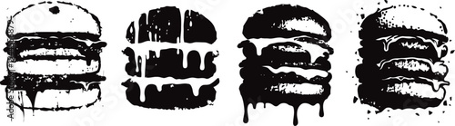 Grunge burger silhouettes with dripping sauce fast food icons in distressed black