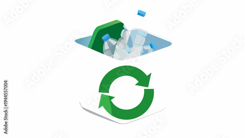Eco friendly recycling system illustration with green recycle symbol and transparent plastic bottles on a white background for environmental and sustainability concepts
