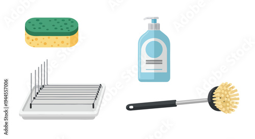 Flat lay of a dish rack with a sponge, dish brush, and soap bottle on a white background.