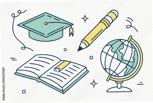 Educational with graduation cap and globe educational graduation cap pencil book online learning