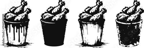 fried chicken bucket set crispy coated drumsticks, takeaway food containers monochrome sketch