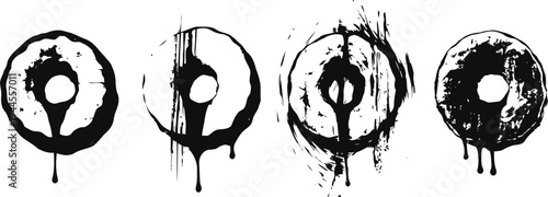 Grunge black donut shapes with distressed paint splatter and dripping ink effects