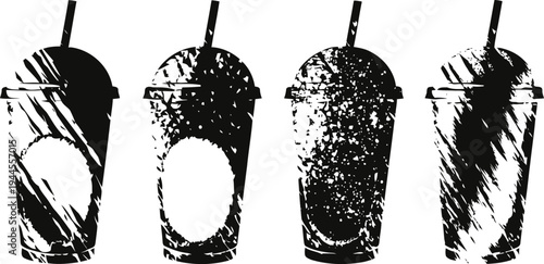 Set of abstract black and white plastic cups with straws silhouettes isolated on white background