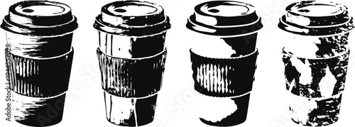 four disposable coffee cups with lids in distressed black and white