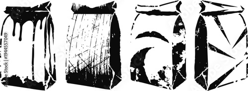 Set of four vintage paper and foil packaging bags for food or products, rustic black and white illustrations