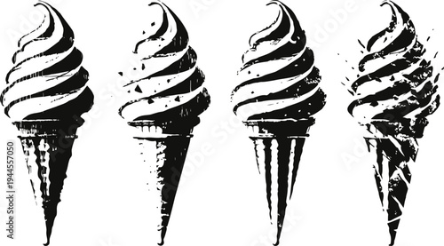 Vintage ice cream cones set four black and white swirled soft serve illustrations