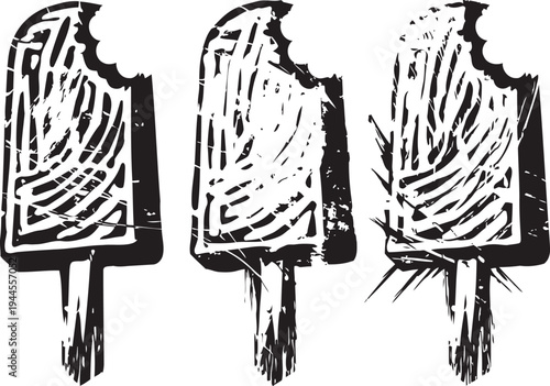 Three bitten vanilla ice cream bars in vintage woodcut illustration on white background