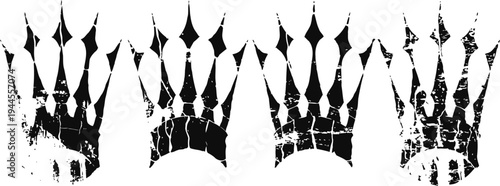 Grunge black crowns set with paint splatter effect on white background, royal vintage symbols