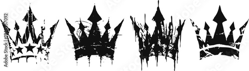 Set of four black grunge crowns with stars and sharp tips, vintage ink splatter design elements