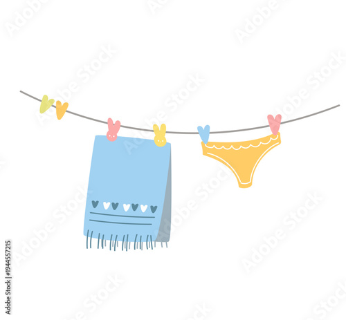 Flat vector illustration of a clothesline with a hanging towel, underwear and colorful clothespins.