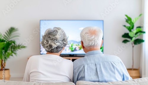 テレビ画面を眺める夫婦の後ろ姿のポートレート