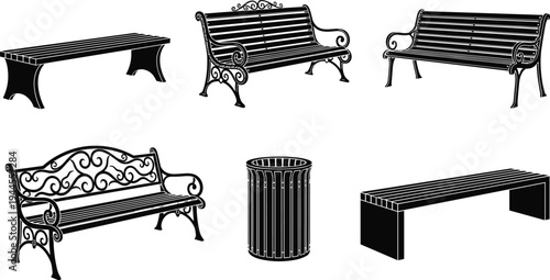 Park bench and trash bin vector set, outdoor street furniture silhouette collection isolated design illustration for urban landscape