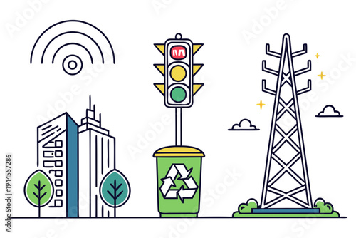 Smart city infrastructure with recycling bin and traffic light power tower
