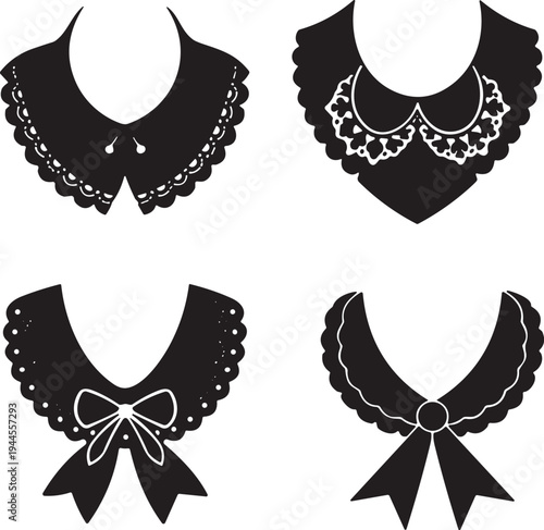 Vintage lace collar silhouette set with decorative bows and scalloped edges, elegant fashion neckline accessories inspired by Victorian and retro clothing design