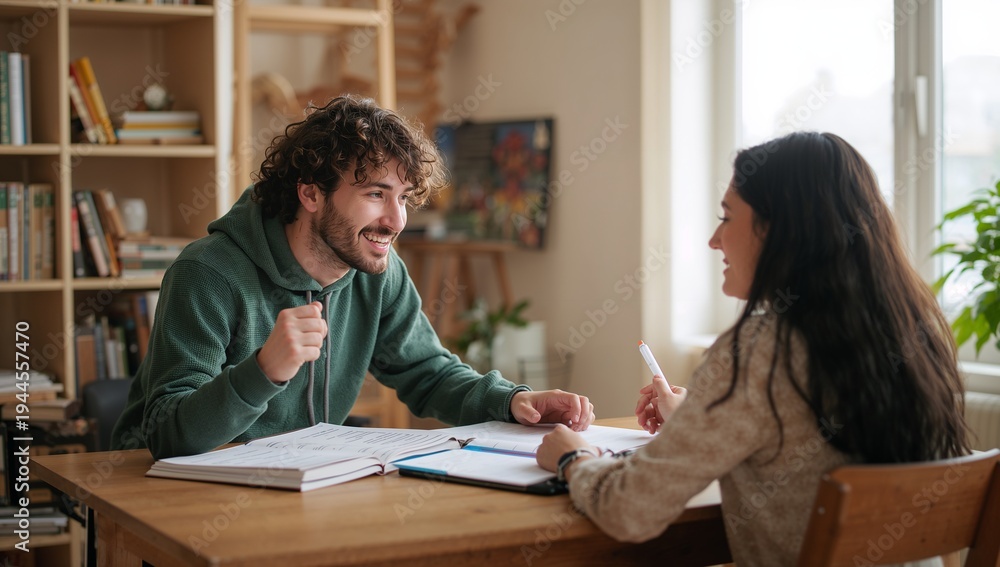 Fototapeta premium Studying couple in casual clothes leaning forward at home study, holding pens with notes and binder