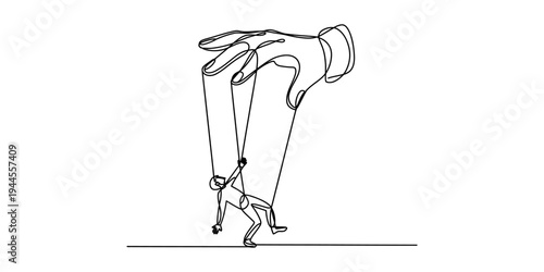 A continuous line drawing illustrating a large hand manipulating a small human figure like a marionette puppet, symbolizing control and power dynamics. Vector, illustration