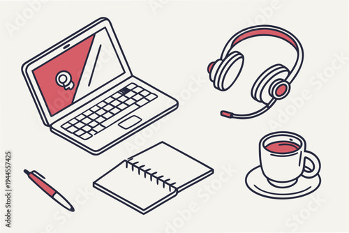 Remote work setup with laptop, headphones, and coffee cup notebook