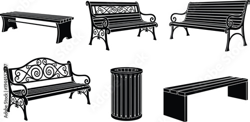 Park bench and trash can set vector illustration, outdoor street furniture silhouette collection isolated design elements