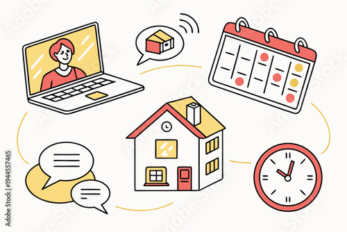 Remote work and communication laptop house calendar clock speech bubbles
