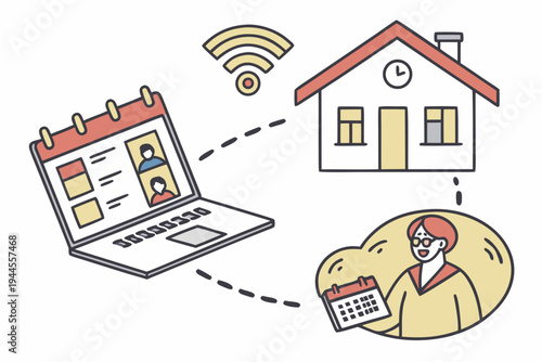 Remote work and communication setup laptop house calendar clock wifi