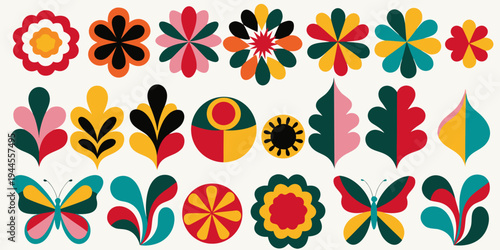Minimal floral naive art prints, matisse curves aestethic. Set of color abstract organic shapes, groovy flowers. Botanic vector elements in trendy retro style, illustration of leaves and butterflies. 