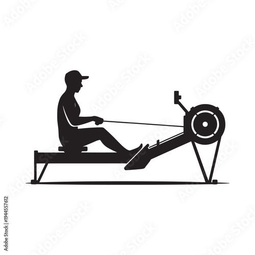 Silhouette of a rower using an indoor rowing machine in black