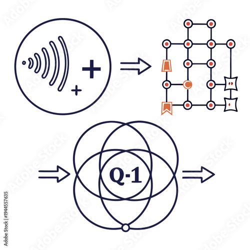 Line of quantum computing and physics line symbol atom circuit