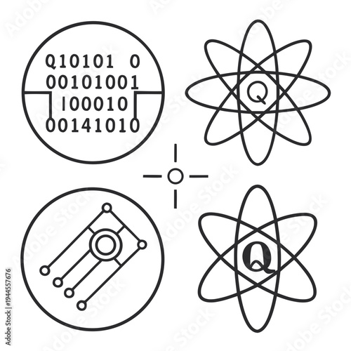 Quantum computing symbols and circuit board diagrams atoms binary code