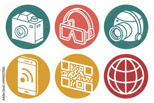 Technology and communication camera vr headset headphones smartphone qr code