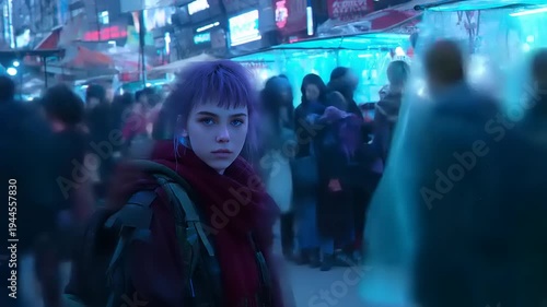 A captivating journey into a neon-lit cyberpunk urban landscape, where a lone figure stands amidst the bustling crowds, embodying a sense of mystery and wonder