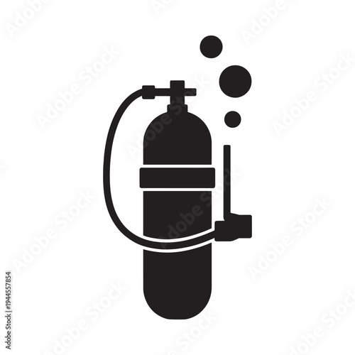 Black silhouette of a scuba diving tank with regulator and bubbles