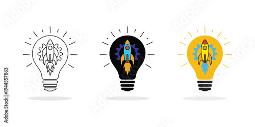 Light bulb with rocket and gear line icon set, symbolizing creative ideas, startup innovation and modern business development concepts.