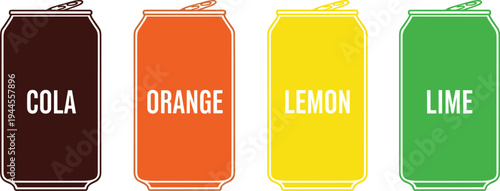 Minimal soda can set with cola orange lemon and lime flavors simple beverage packaging design flat vector illustration