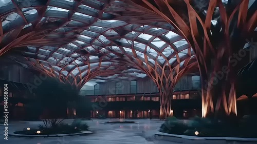 Magnificent Architecture: Immersive view of a glass-covered atrium supported by tree-like wooden structures and garden elements